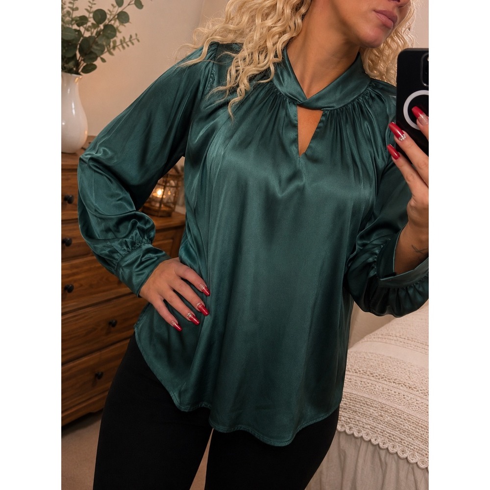 Fifty Street Blouse Womens Pine Green Twist Neck Balloon Sleeve TB8404Y